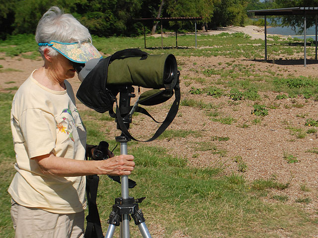 Every birder recieves a pair of binoculars at the begining of the scavenger hunt, but the scope is an aiming device that helps birders spot their target quickly.