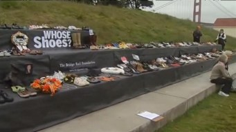 Rows of shoes to represent suicides off GGB