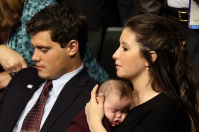 From Republican National Convention last September: Bristol Palin (R), daughter of Alaska Gov. Sarah Palin, holds brother Trig Palin while sitting next to then-boyfriend Levi Johnston. 