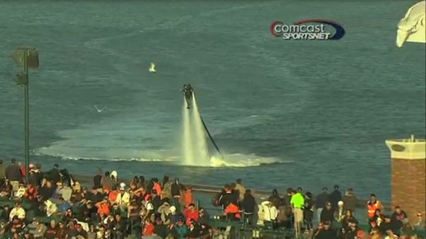 Fan Floats Above McCovey Cove on JetPack