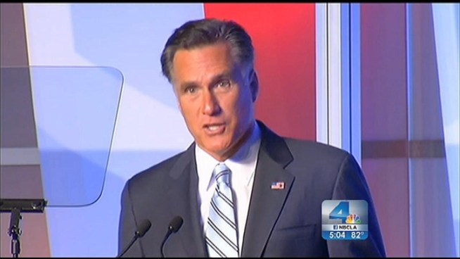 Republican presidential candidate Mitt Romney was in Downtown LA and in Costa Mesa Monday in an effort to woo Latino voters and fundraise weeks before the November election. He spoke before more than 1,400 Hispanic business leaders at the U.S. Hispanic Chamber of Commerce, where he pledged to pursue 