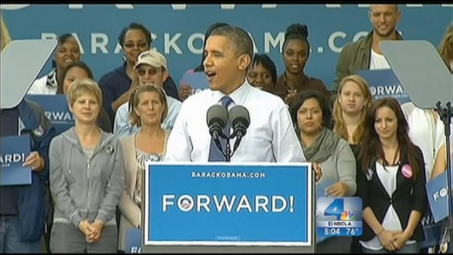 With just 13 days left until the Nov. 6 election, President Barack Obama headed to Los Angeles as part of a multi-state campaign swing. Obama’s shortest-ever trip to the Southland included a visit to the NBC Studios in Burbank for an appearance on The Tonight Show with Jay Leno. Patrick Healy reports from the LAX tarmac for the NBC4 News at 5 p.m. on Oct. 24, 2012.