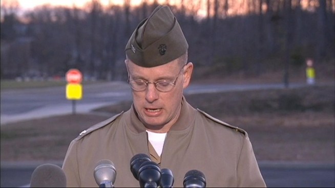 Col. David W. Maxwell holds a press conference regarding the fatal shooting of three Marines at Marine Base Quantico.