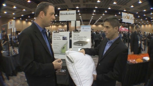 Scott Budman has a pillow that has tiny speakers so spouses can watch TV overnight without bothering anyone. It will be ready by Father's Day and cost $129.