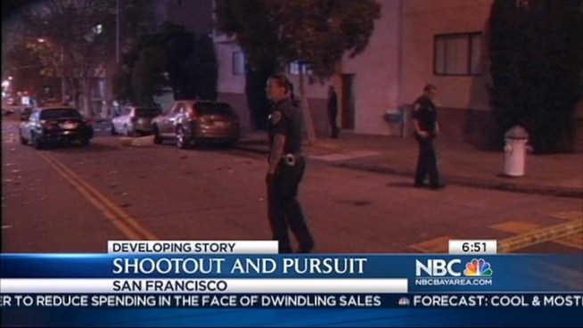SFPD have arrested one person and are looking for another in an early Friday morning traffic chase that escalated into a pursuit with gunshots fired and an accident. Christie Smith reports.
