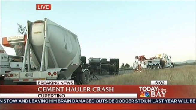 Bob Redell reports live in Cupertino on a cement hauler that crashed on a South Bay connector ramp Thursday morning
