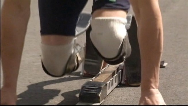 Geoff Turner of San Francisco lost his leg in a motorcycle accident two decades ago. But with prosthetic technology, he's learned to run in marathons. His new role model is South African Oscar Pistorius, the first double amputee to compete in the Olympics this summer. Joe Rosato reports.