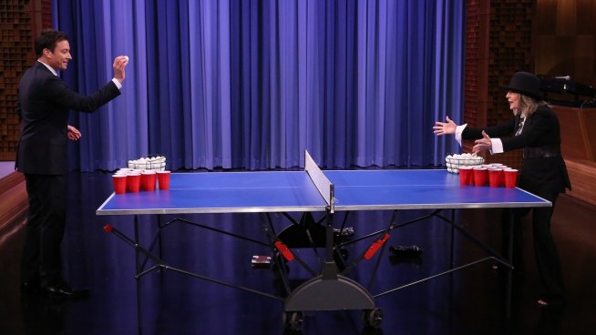 Jimmy Fallon played a game of beer pong with Diane Keaton that quickly got out of control.