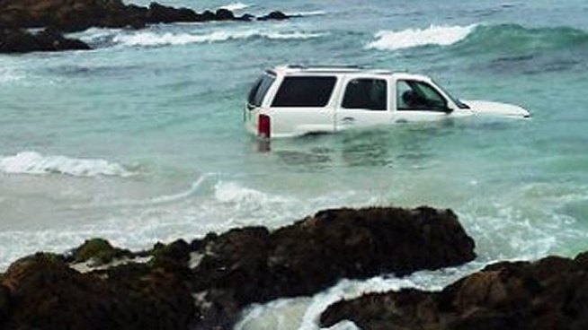 Our sister station in Salinas heard an unusual call on the scanner Thursday morning. Someone driving a Cadillac Escalade had somehow driven into the ocean at Pebble Beach.