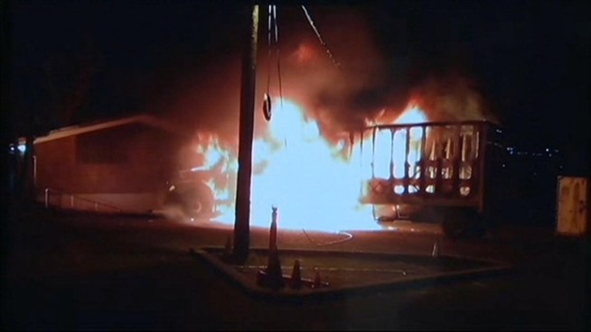 Two men got very lucky Monday morning when their laundry run to the Alameda County juvenile hall sparked a fire in their big rig. Bob Redell reports. (Some of this video is courtesy of Alameda County fire)