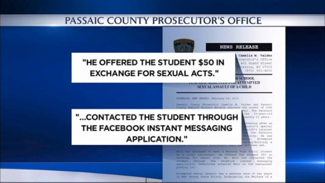 A veteran teacher in New Jersey is accused of using Facebook to lure a student to a restaurant, and then offering him money to perform a sex act.  Gus Rosendale reports.