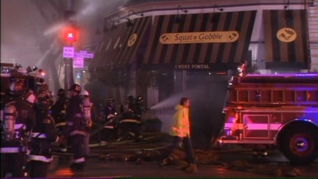 Firefighters battled a four-alarm fire early Friday at a popular restaurant in San Francisco's near the inner Sunset neighborhood, which jammed up Muni travelers and caused two minor firefighting injuries.The fire at the Squat & Gobble, at 9 West Portal Ave., was first reported at 4:40 a.m. Christie Smith reports