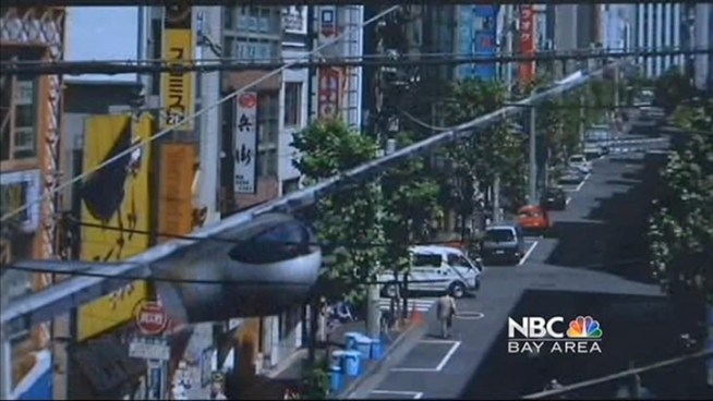 The car of the future is no car at all. Mountain View city council has accepted a 20 year plan to install the Sky Tran Podcar, which would solve traffic problems around Google. George Kiriyama reports.