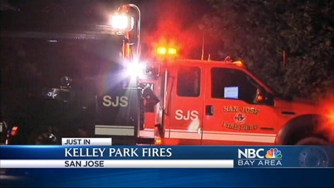 Firefighters responded to vegetation fires in San Jose's Kelley Park Tuesday night, a fire dispatcher said. The fires were extinguished and arson is suspected.