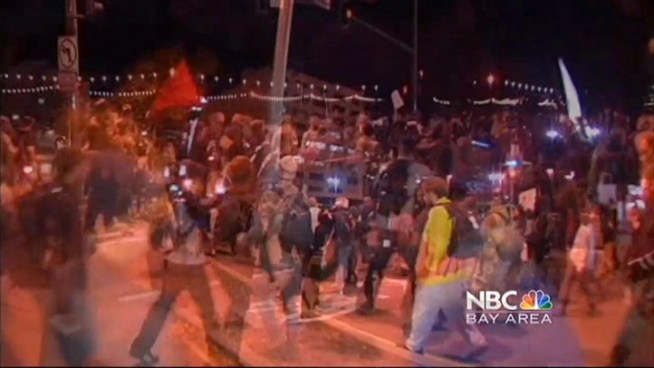 Protesters concluded a circuitous march through downtown Oakland that followed a day of protests today to mark the anniversary of the day police first cleared the Occupy Oakland encampment. Cheryl Hurd reports.