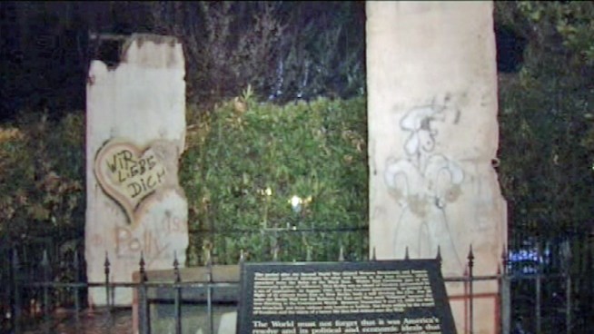 These two sections of the Berlin wall will soon be moved to a more public display at the Mountain View library.