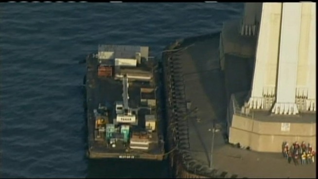 Caltrans crews started repairing the Bay Bridge fenders on Tuesday, which were damaged on Jan. 7 when an oil tanker scraped it on its way out to sea.