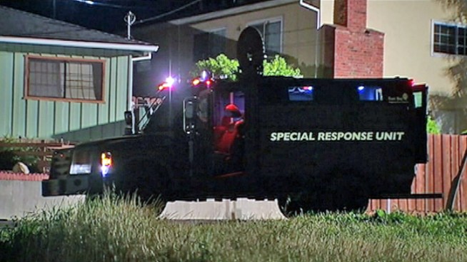 A Castro Valley man is in emergency surgery tonight after  allegedly threatening sheriff's deputies who came to his home and shouldering  a homemade replica firearm at an approaching sheriff's vehicle, prompting a  sergeant to shoot him. Cheryl Hurd reports.