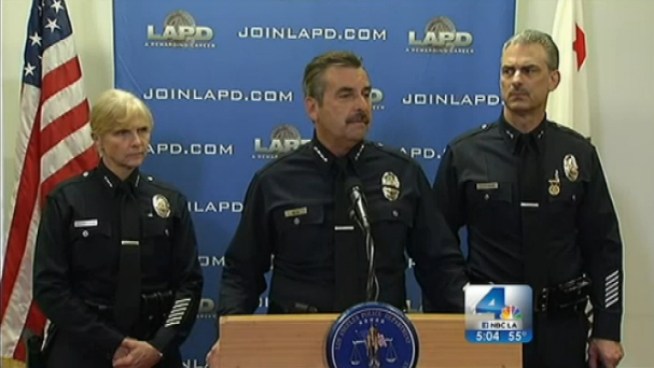 LAPD Chief Charlie Beck held a news conference Thursday to address the manhunt for ex-LAPD officer Christopher Dorner, who is accused of murdering a Riverside police officer and a couple from Irvine. Investigators believe Dorner may be seeking revenge for being fired from the force. John Cádiz Klemack reports from Downtown LA for the NBC4 News at 5 p.m. on Feb. 7, 2013.