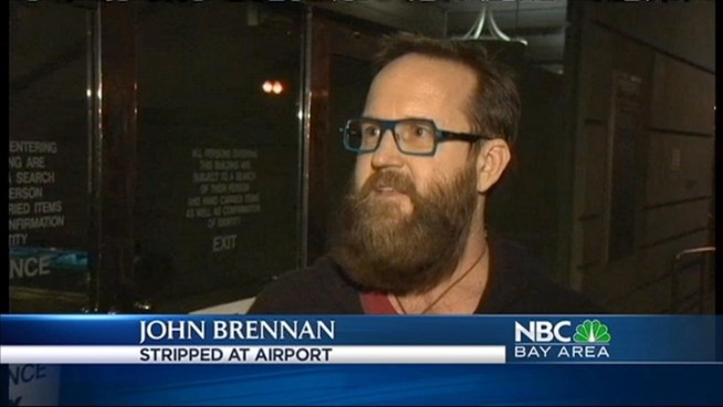 An air traveler, bound for San Jose, wound up in handcuffs overnight after taking off all  his clothes in an airport security line.