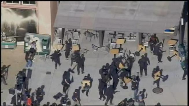 While today's General Strike at Occupy Oakland was mostly peaceful, some people caused damage to businesses along the way, including this Whole Foods.
