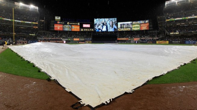 Bruce Beck caught up with Mark Teixeira, Russell Martin and Derek Jeter moments after Game One of the ALDS was suspended due to rain. The game will resume, with the score tied at 1 in the bottom of the second inning, at 8:37 p.m. Saturday. 