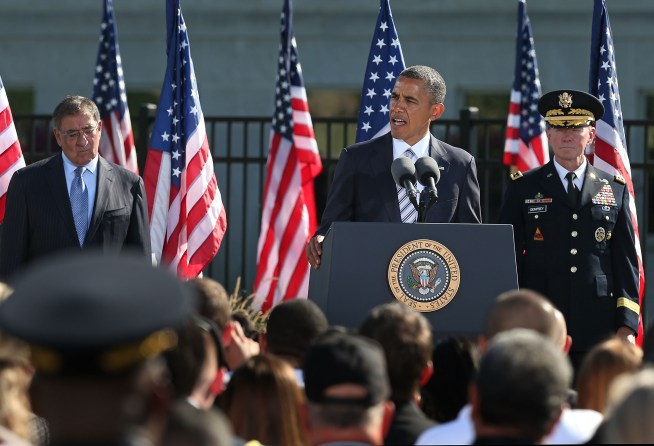 President Barack Obama spoke to family members during a ceremony at the Pentagon on the anniversary of the Sept. 11 attacks. 