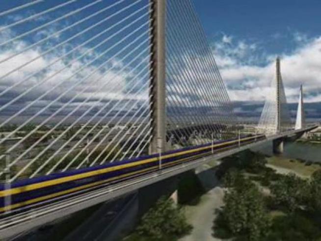 A 3-D simulation showing a possible high-speed rail bridge over the Kern River in Bakersfield.