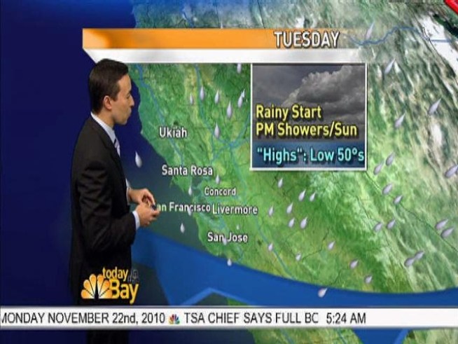 As we wait for our next round of widespread rain - we'll manage some sunny skies with a few scattered showers at times for today and highs only in the mid 50s. Expect rain to fill in again later tonight into the first half of Tuesday from a very chilly system moving down the coast.  Snow levels may dip to near 2,000-2,500 in spots around the North Bay early Tuesday morning.Some very cold, dry air will filter in behind this system that will set the stage for some frosty and possibly icy starts to the mornings around midweek.A key factor in just how cold things get is if the winds back off enough on Wednesday morning.  More wind = slightly more mild temperatures (think upper 30s to 40s instead of 20s and 30s).  Its a good bet we'll at least see some frost/freeze advisories Wednesday and Thursday mornings.  This could cause some issues for the getaway travel drive/fly on Wednesday morning.  Use caution driving before 9am as temps will certainly be cold enough to support some patchy ice in spots.  Our overnight temps should trend a bit more mild as more clouds return heading into the weekend with our next chance of rain looks to arrive around Saturday.- <a title=