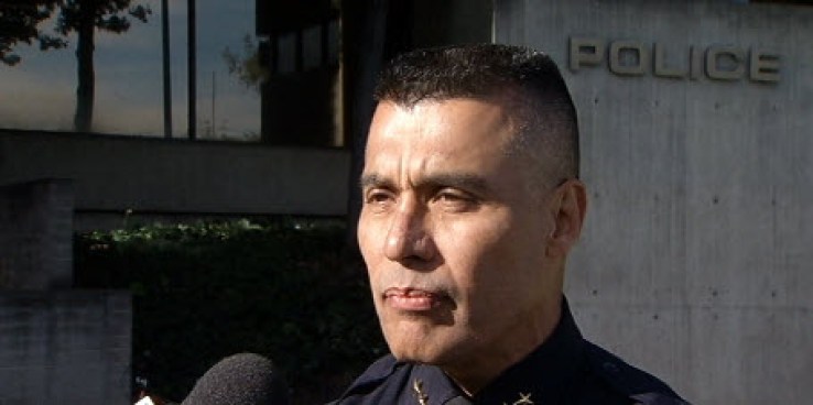 Marianne Favro talks to Deputy Chief of Police Larry Esquivel who has been tapped by City Manager Debra Figone to fill in when Police Chief Chris Moore leaves on Jan. 18.