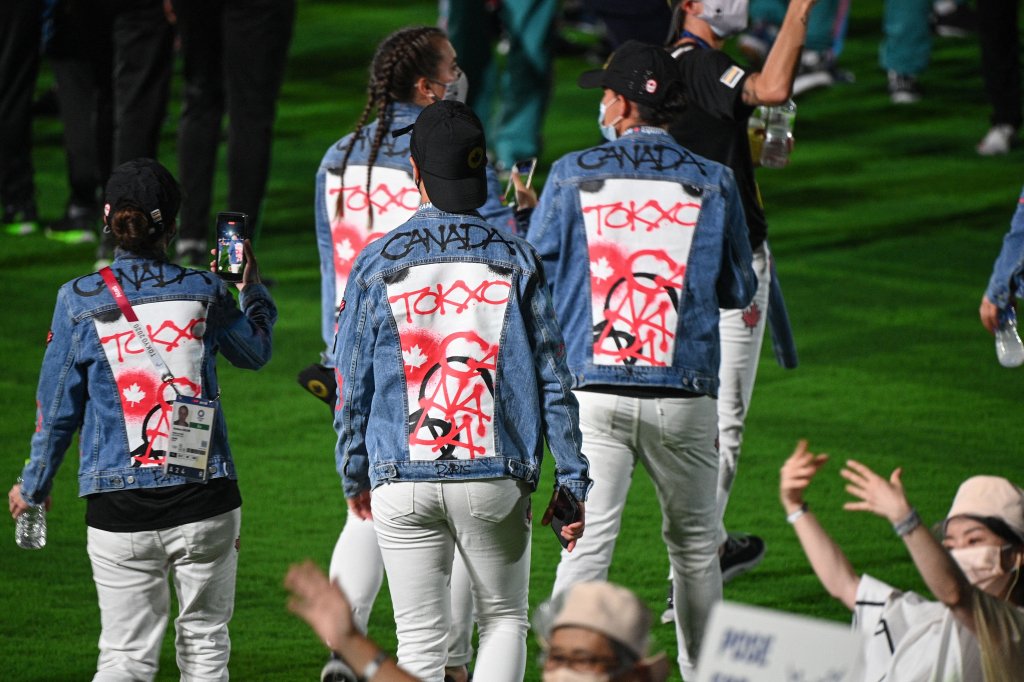 Canada's athletes walk across the field during the closing ceremony of the Tokyo 2020 Olympic Games, on Aug. 8, 2021 at the Olympic Stadium in Tokyo.