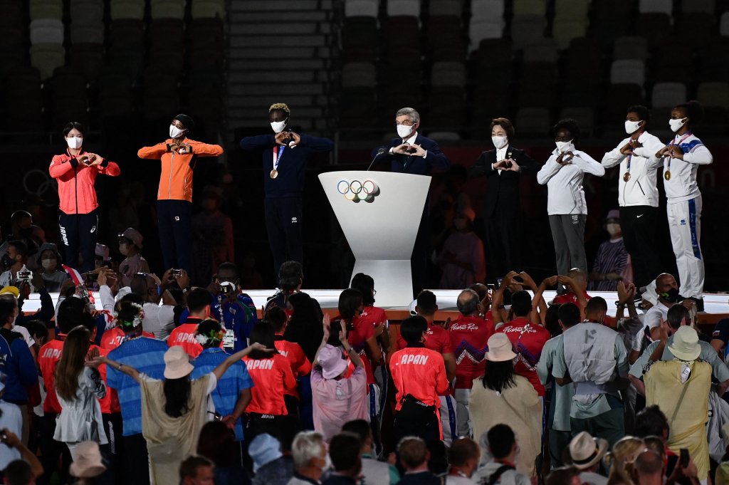 President of the International Olympic Committee (IOC) Thomas Bach (C) delivers a speech during the closing ceremony of the Tokyo 2020 Olympic Games, at the Olympic Stadium, in Tokyo, on Aug. 8, 2021.