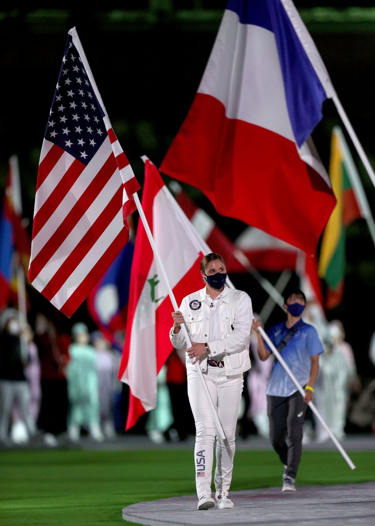 Flagbearer Kara Winger of Team United States during the Closing Ceremony of the Tokyo 2020 Olympic Games at Olympic Stadium on Aug. 8, 2021 in Tokyo, Japan.