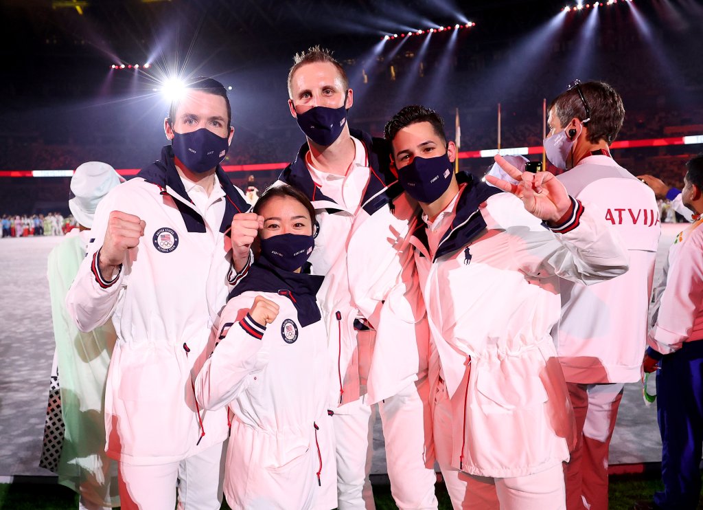 Members of Team USA celebrates during the Closing Ceremony of the Tokyo 2020 Olympic Games at Olympic Stadium on Aug. 8, 2021 in Tokyo, Japan.