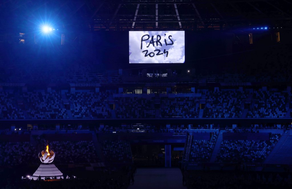 The presentation for Paris 2024 is seen during the Closing Ceremony of the Tokyo 2020 Olympic Games at Olympic Stadium on August 08, 2021 in Tokyo, Japan.