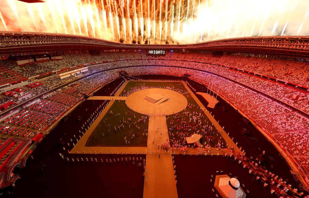 Fireworks erupt above the stadium during the Closing Ceremony of the Tokyo 2020 Olympic Games at Olympic Stadium on Aug. 8, 2021 in Tokyo, Japan. 