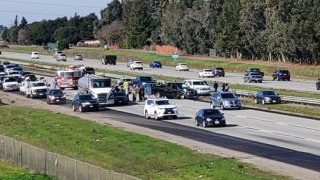 A crash blocks lanes of southbound Highway 101 near Morgan Hill.