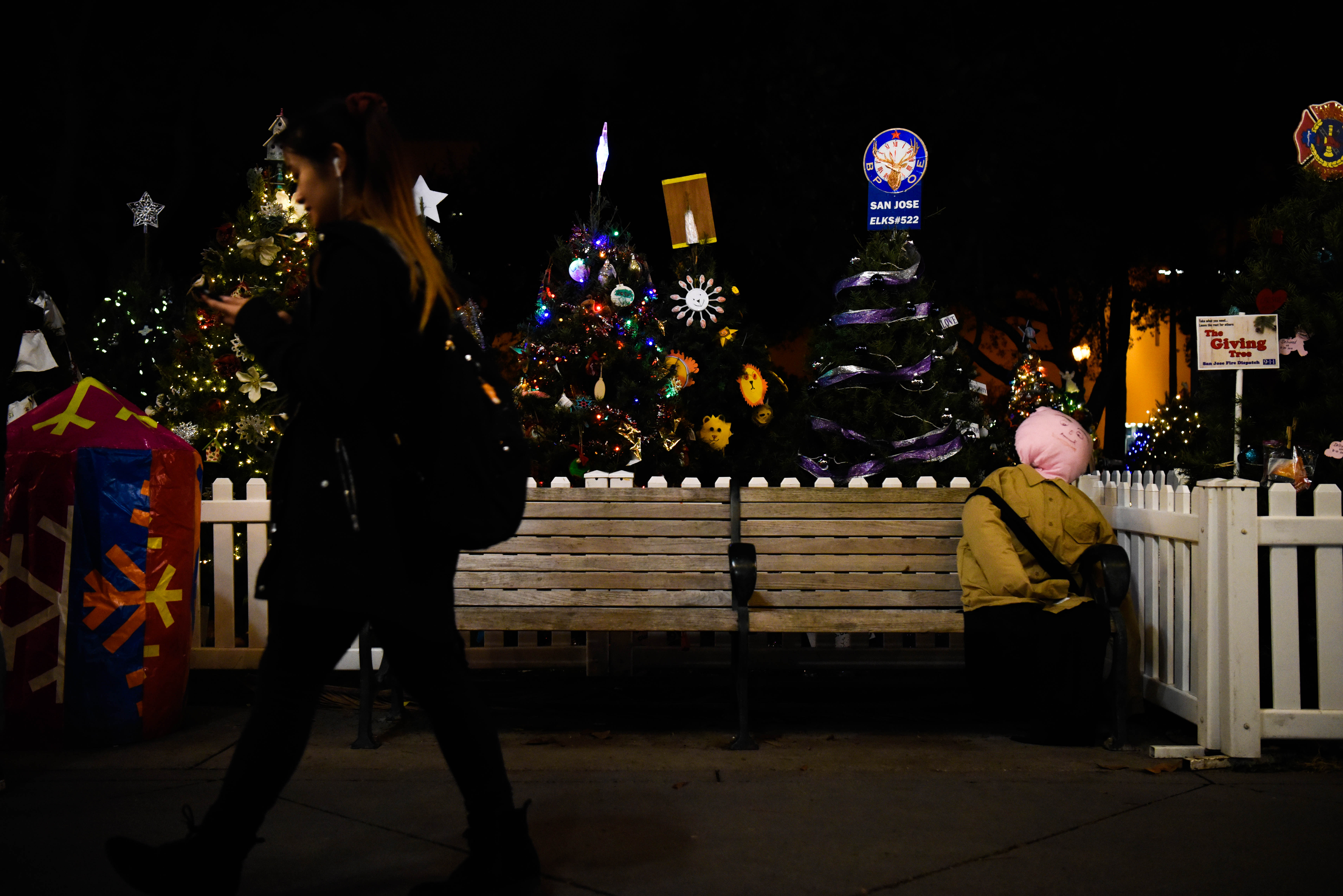 People take a stroll through Christmas in the Park in downtown San Jose where hundreds of Christmas trees decorated by local schools and organizations are on display. (Dec. 6, 2019)