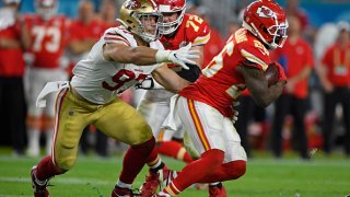 San Francisco 49ers’ Nick Bosa (97) can’t catch Kansas City Chiefs’ Damien Williams (26) in the third quarter of LIV at Hard Rock Stadium in Miami Gardens, Fla.,, on Sunday, Feb. 2, 2020. The Kansas City Chiefs defeated the San Francisco 49ers 31-20. (Jose Carlos Fajardo/MediaNews Group/The Mercury News via Getty Images)