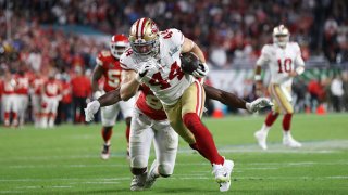Kyle Juszczyk #44 of the San Francisco 49ers rushes against the Kansas City Chiefs in Super Bowl LIV at Hard Rock Stadium on February 2, 2020 in Miami, Florida. The Chiefs defeated the 49ers 31-20. (Photo by Michael Zagaris/San Francisco 49ers/Getty Images)