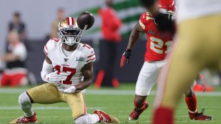 Emmanuel Sanders #17 of the San Francisco 49ers catches a pass against the Kansas City Chiefs during the second quarter in Super Bowl LIV at Hard Rock Stadium on February 02, 2020 in Miami, Florida. (Photo by Jamie Squire/Getty Images)
