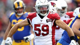 Joe Walker #59 of the Arizona Cardinals reacts after tackling Todd Gurley #30 of the Los Angeles Rams during the first half of a game at Los Angeles Memorial Coliseum on December 29, 2019 in Los Angeles, California. (Photo by Sean M. Haffey/Getty Images)