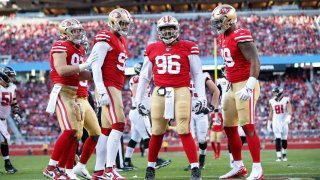 Nick Bosa, Arik Armstead, Sheldon Day and DeForest Buckner of the San Francisco 49ers.