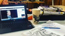 Molly Fleming Schauer shows us her new normal. "Teaching high school English remotely from a makeshift garage office while my 3 and 5 year olds ransack the house."
