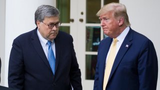 Attorney General William Barr, left, and President Donald Trump turn to leave after speaking about the 2020 census in the Rose Garden of the White House, Thursday, July 11, 2019, in Washington.