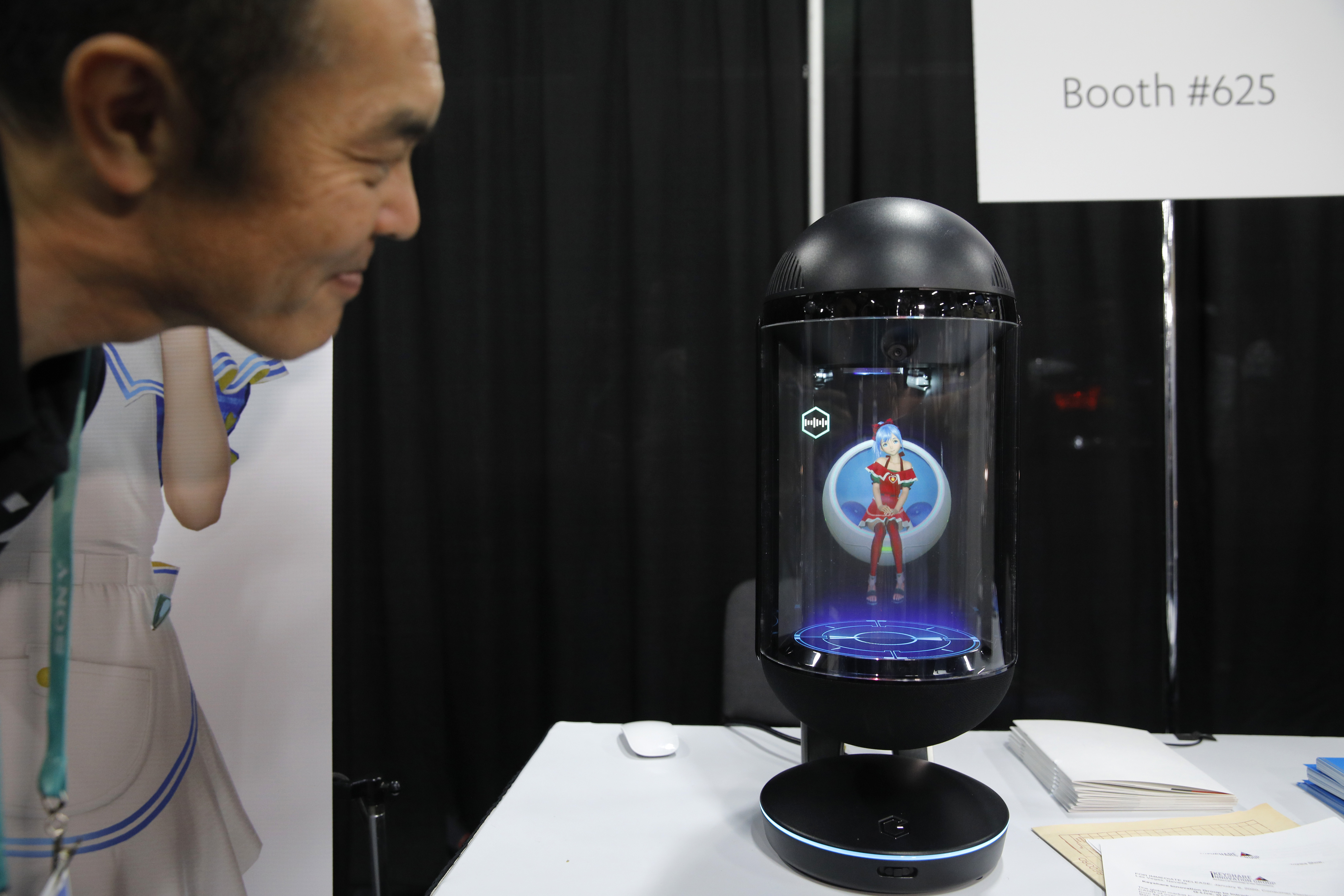 The Gatebox, a voice-powered home assistant with virtual character, seen during CES Unveiled, Jan. 5, 2020, in Las Vegas. The device works like a home assistant or smart speaker, but with a virtual interactive character.