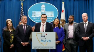 San Jose Mayor Sam Liccardo, center, discusses the meeting concerning the state's homeless situation he and other mayors of some of California's largest cities had with Gov. Gavin Newsom at the Capitol in Sacramento, California, March 9, 2020. Accompanying Liccardo are, from left, Libby Schaaf, of Oakland, Eric Garcetti, of Los Angeles, second from left, Liccardo, London Breed, of San Francisco, fourth from left, Michael Tubbs, of Stockton, fifth from from left, and Kevin Faulconer, of San Diego, right.