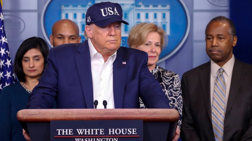 President Donald Trump speaks during a briefing on coronavirus in the Brady press briefing room at the White House, Saturday, March 14, 2020, in Washington. Listening from left are Administrator of the Centers for Medicare and Medicaid Services Seema Verma, U.S. Surgeon General Jerome Adams, Dr. Deborah Birx, White House coronavirus response coordinator, and Housing and Urban Development Secretary Ben Carson.