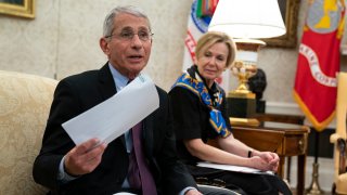 White House coronavirus response coordinator Dr. Deborah Birx listens as director of the National Institute of Allergy and Infectious Diseases Dr. Anthony Fauci speaks during a meeting between President Donald Trump and Gov. John Bel Edwards, D-La., about the coronavirus response, in the Oval Office of the White House, Wednesday, April 29, 2020, in Washington.