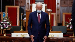 Democratic presidential candidate, former Vice President Joe Biden bows his head in prayer during a visit to Bethel AME Church in Wilmington, Del., Monday, June 1, 2020.